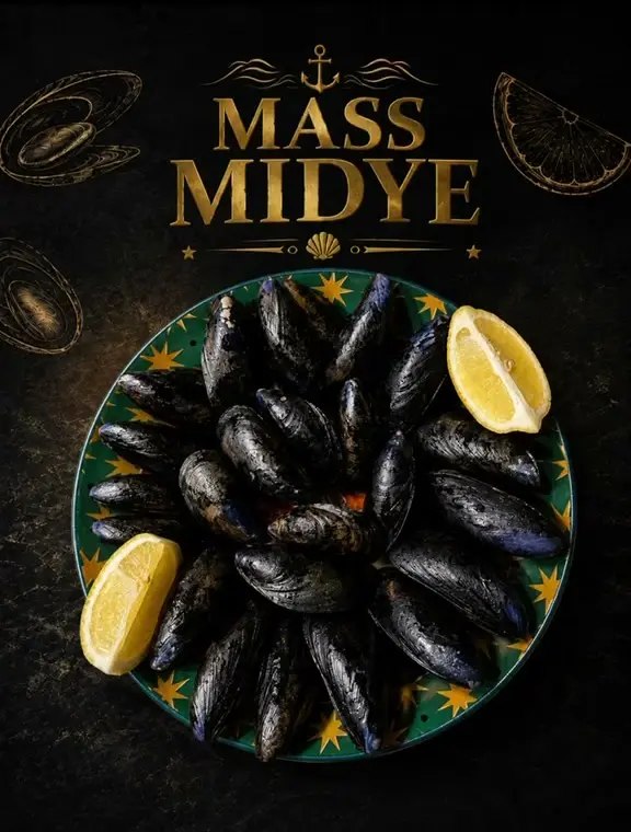 A plate of Mass Midye stuffed mussels with lemon wedges
